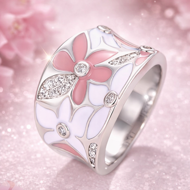 Vintage Silver Ring with Pink Floral Design