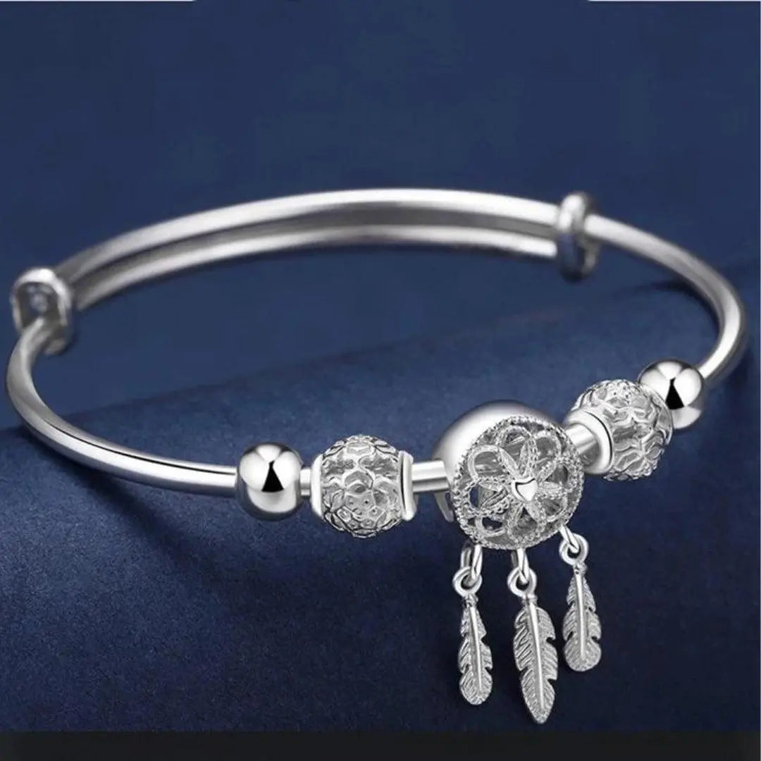 Silver Adjustable Bracelet with Three-Leaf Charms