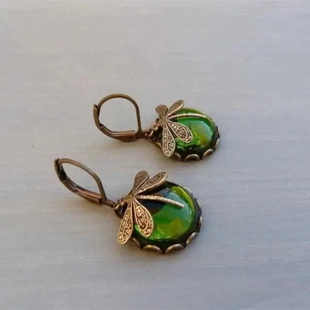 Antique Gold Sphere Dragonfly Earrings