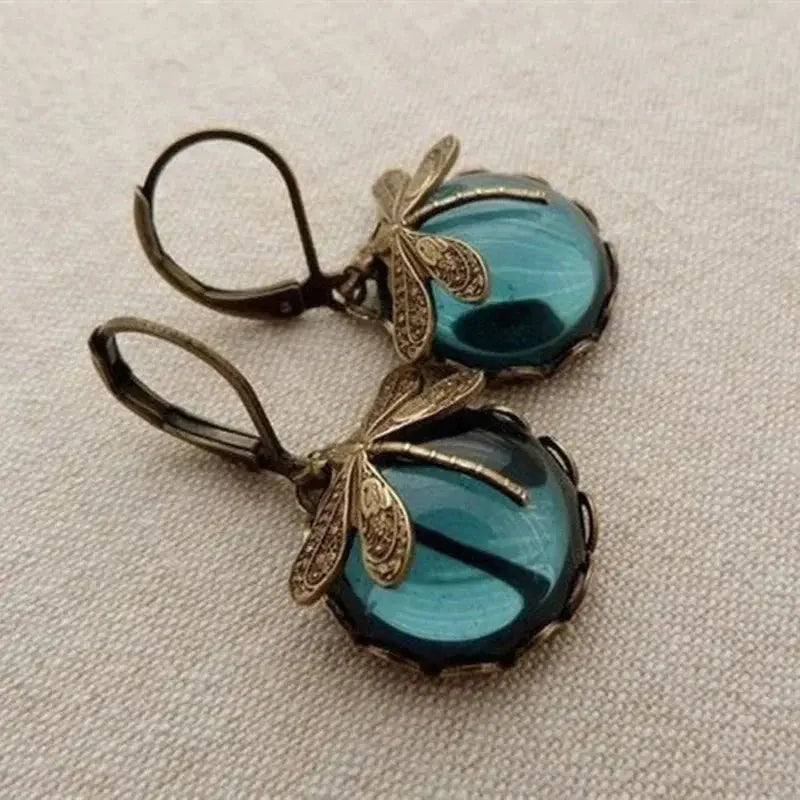 Antique Gold Sphere Dragonfly Earrings