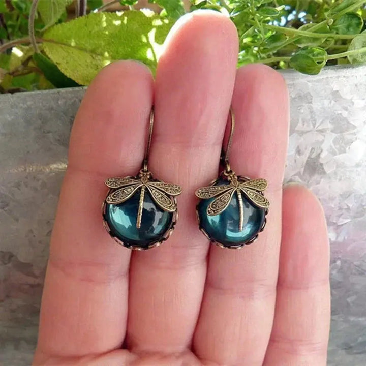 Antique Gold Sphere Dragonfly Earrings