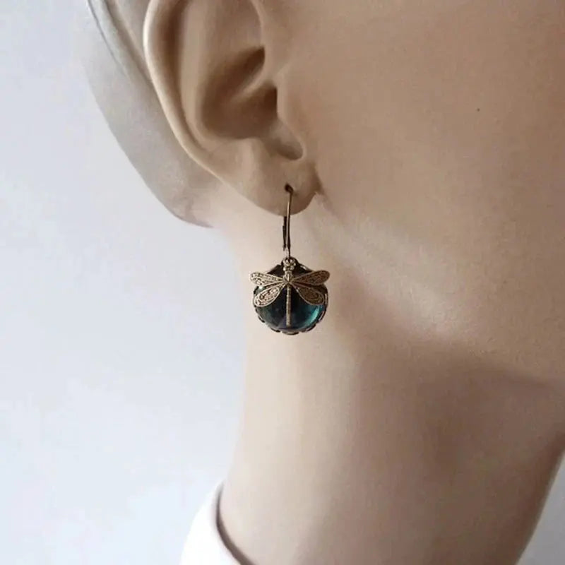 Antique Gold Sphere Dragonfly Earrings