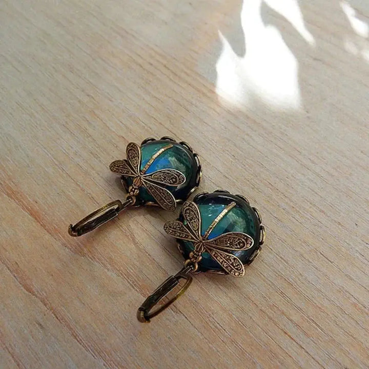 Antique Gold Sphere Dragonfly Earrings