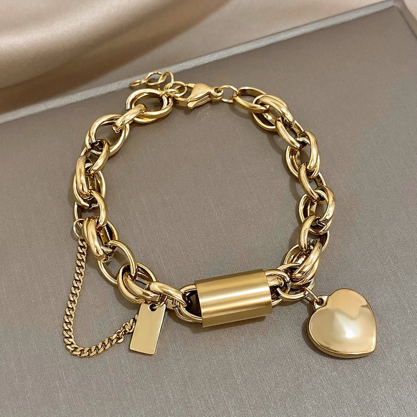 Gold Heart Charm Thick Bracelet