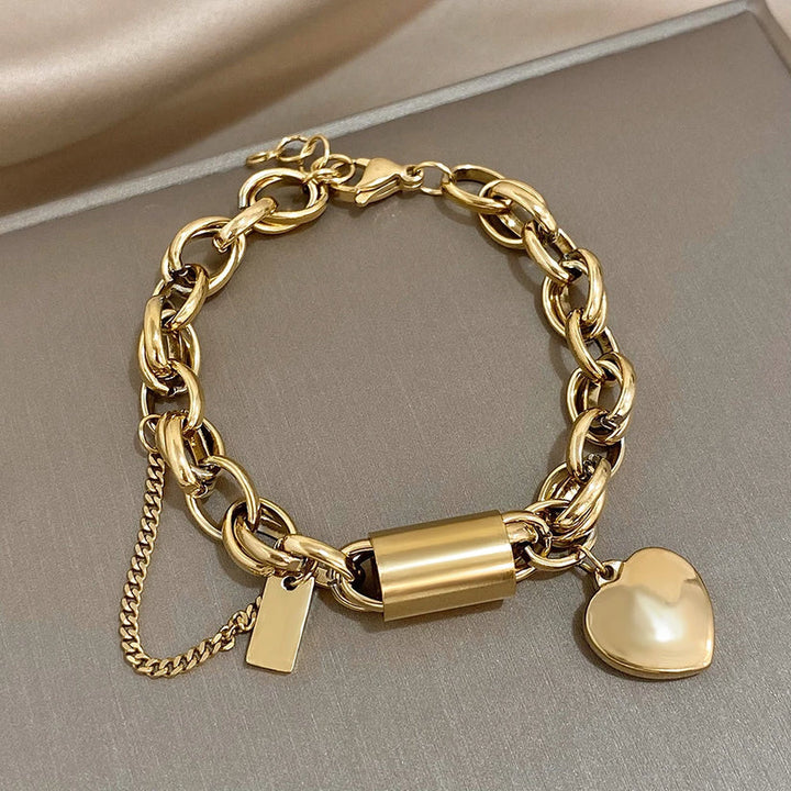 Gold Heart Charm Thick Bracelet