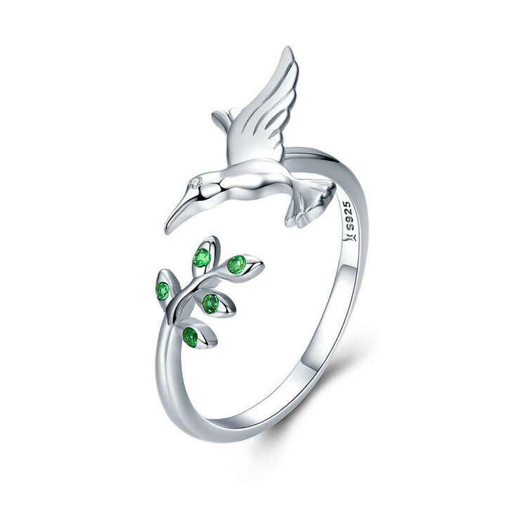 Adjustable Silver Hummingbird Ring with Green Zirconia