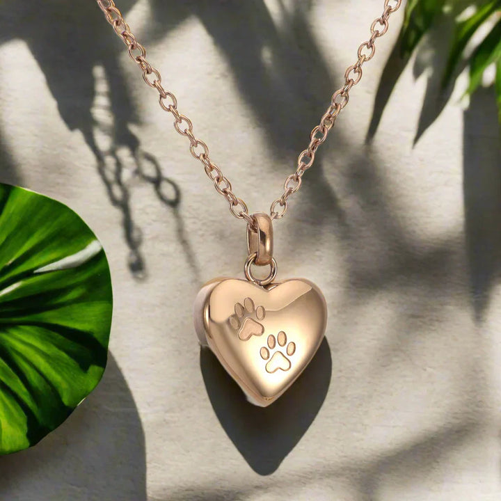 Pet Memorial Urn Necklace with Heart Pendant and Engraved Paw