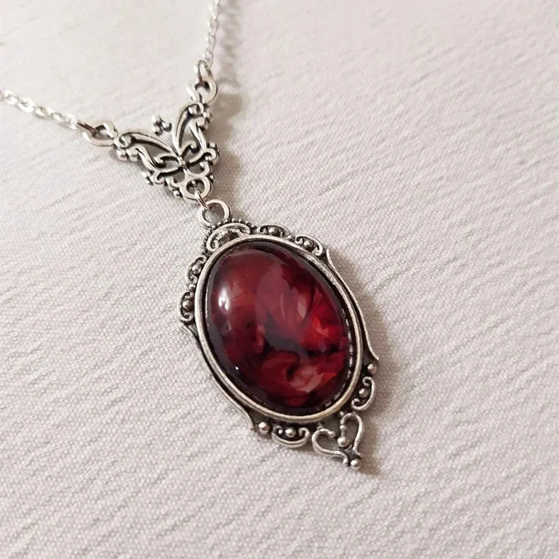 Vintage Silver Pendant Necklace with Red Quartz