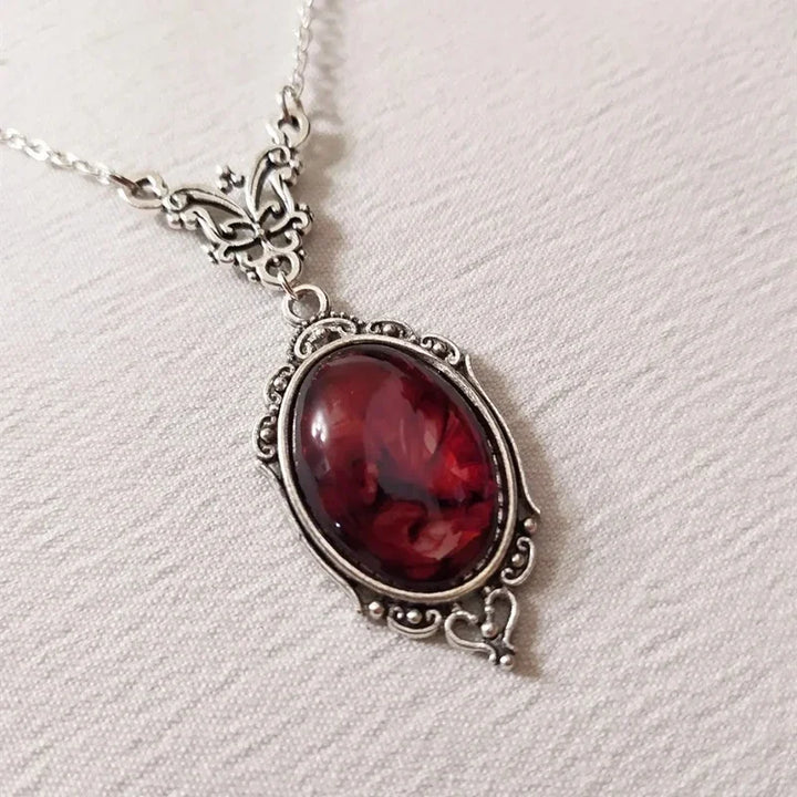 Vintage Silver Pendant Necklace with Red Quartz