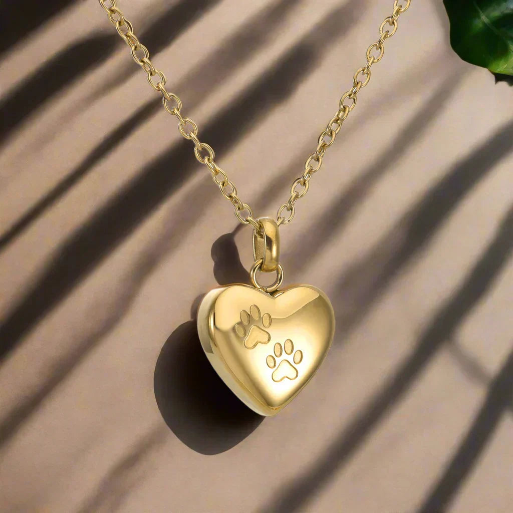Heart-Shaped Pet Memorial Urn Necklace with Paw Engraving