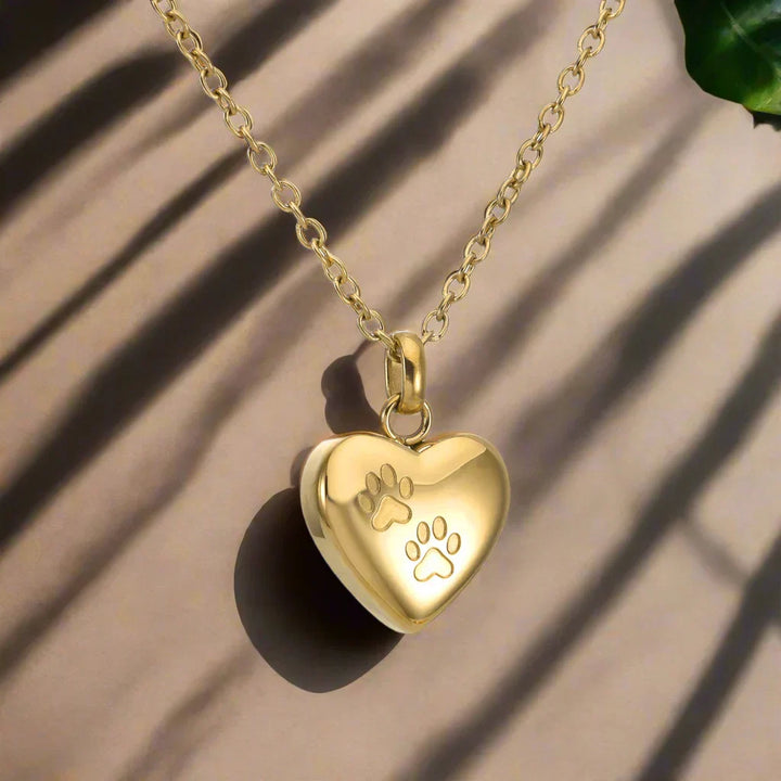 Pet Memorial Urn Necklace with Heart Pendant and Engraved Paw