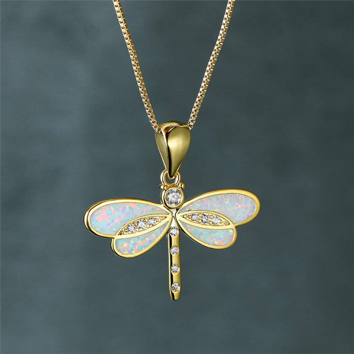 Opal-Embellished Gold Dragonfly Necklace