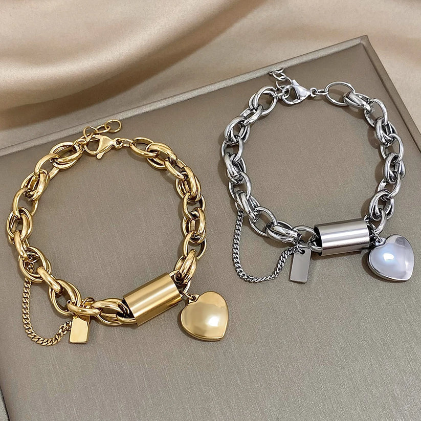 Gold Heart Charm Thick Bracelet