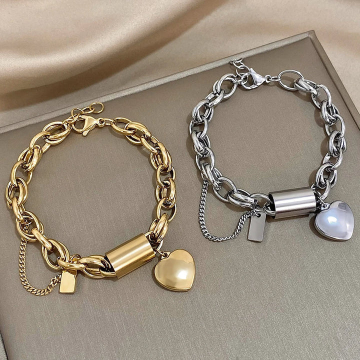Gold Heart Charm Thick Bracelet
