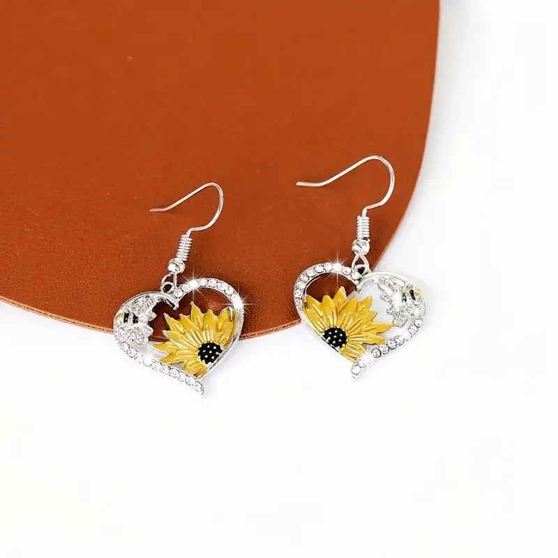 Vintage Boho Heart Dangle Earrings with Sunflower & Bee