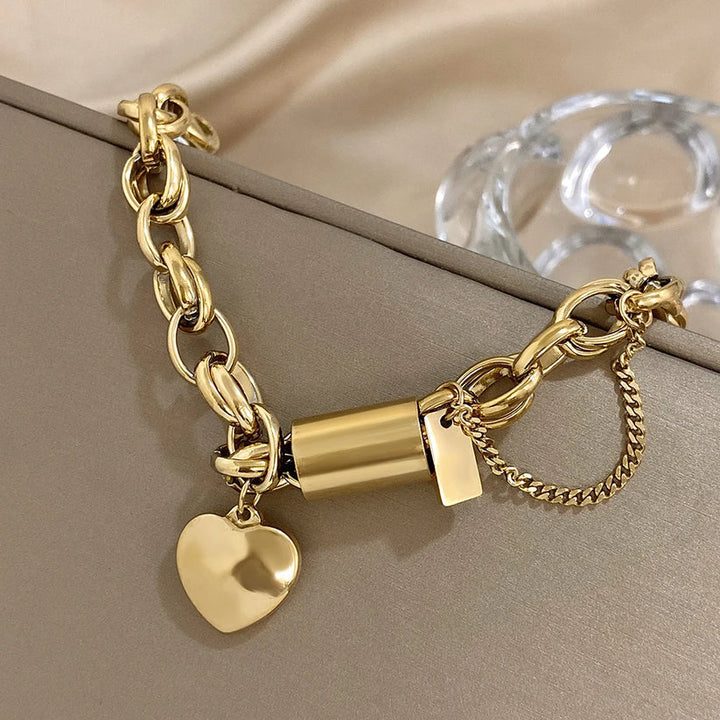 Gold Heart Charm Thick Bracelet