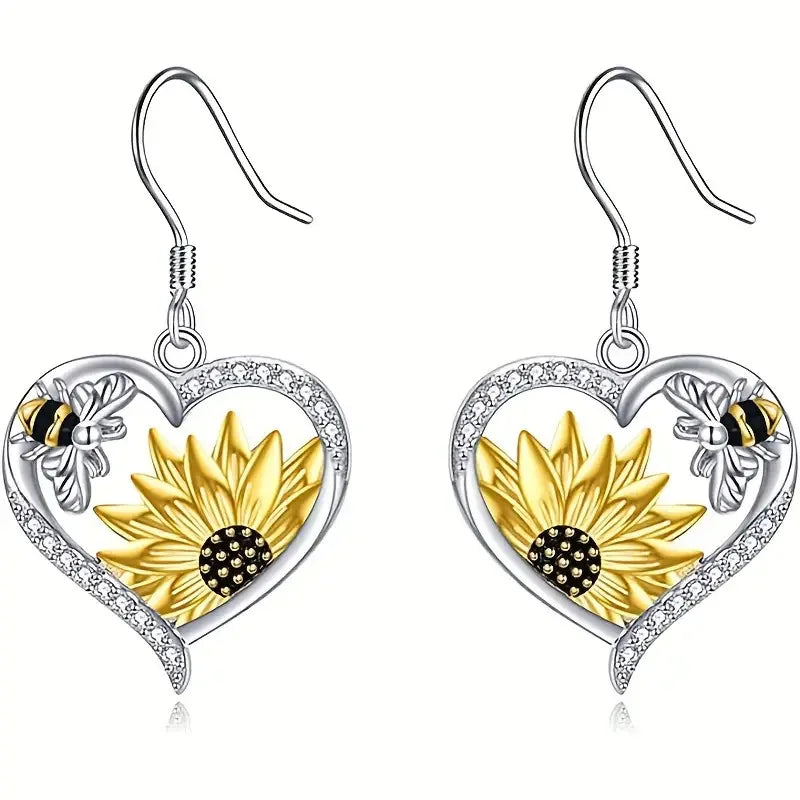 Vintage Boho Heart Dangle Earrings with Sunflower & Bee