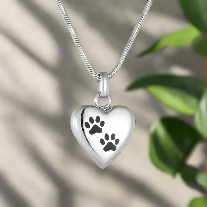 Heart-Shaped Pet Memorial Urn Necklace with Paw Engraving