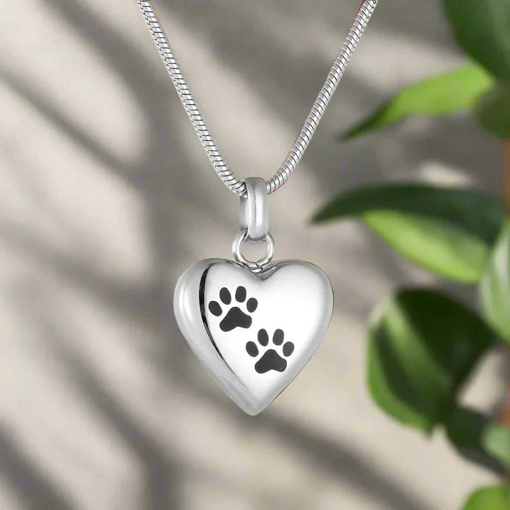 Pet Memorial Urn Necklace with Heart Pendant and Engraved Paw