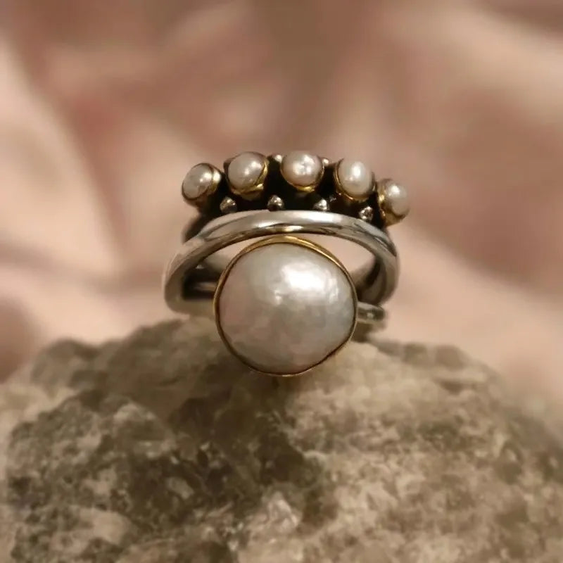 Vintage Silver Crown Ring with Pearls