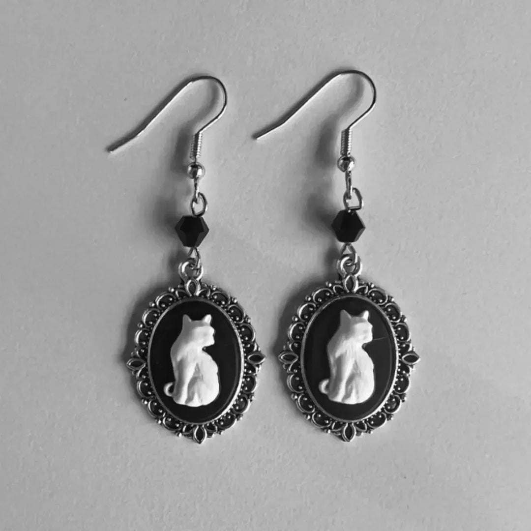 Vintage White Cat Dangle Earrings – Silver Frame for Women
