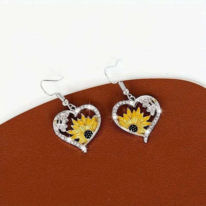 Vintage Boho Heart Dangle Earrings with Sunflower & Bee