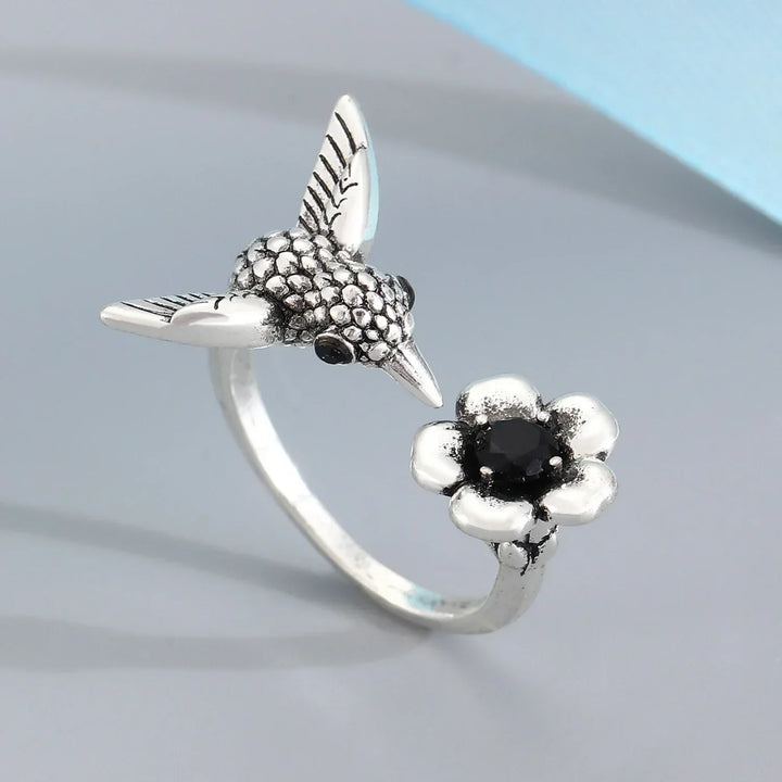 Adjustable Hummingbird & Flower Ring