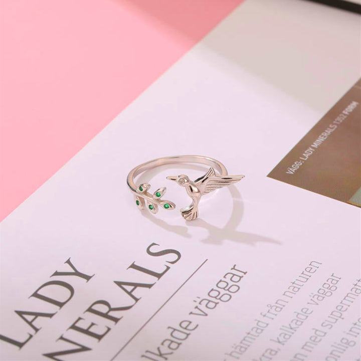 Adjustable Silver Hummingbird Ring with Green Zirconia