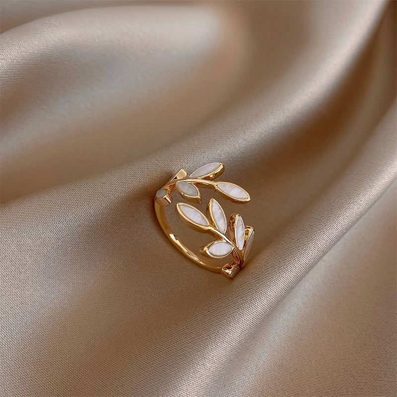 Gold Adjustable Ring with White Opal Leaf