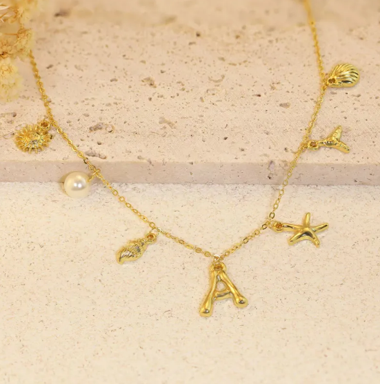 Bamboo Letter Necklace with Starfish and Shell Charm