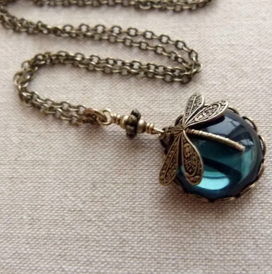 Vintage Dragonfly Green Crystal Necklace