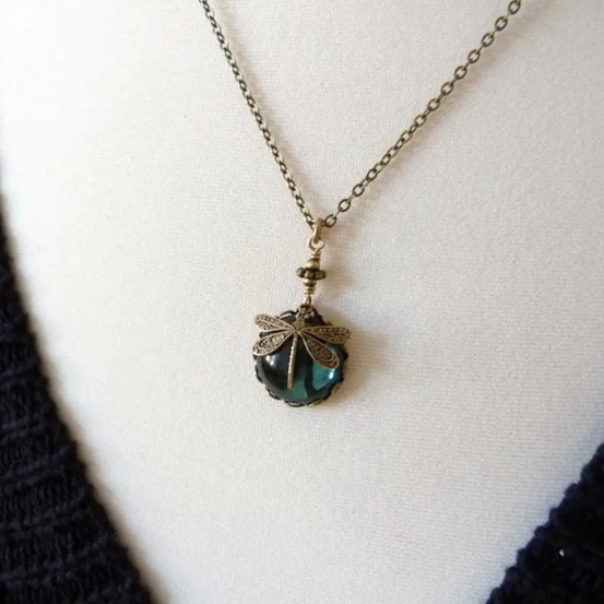 Vintage Dragonfly Green Crystal Necklace