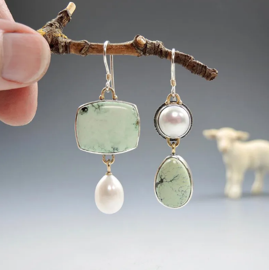 Unique Asymmetrical Pearl & Green Enamel Earrings