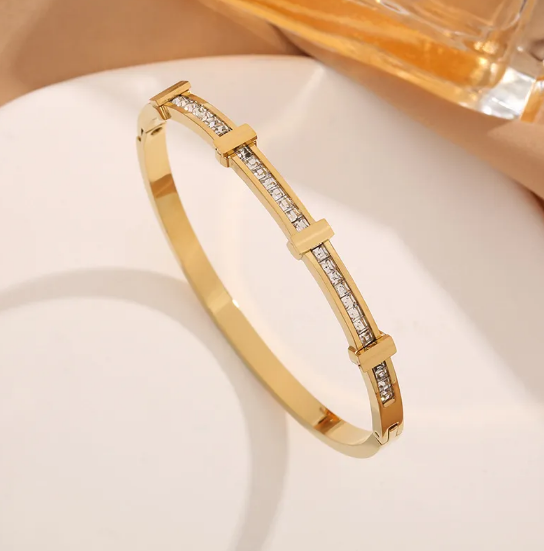 Elegant Two-Layer Geometric Open Bracelet with Zirconia