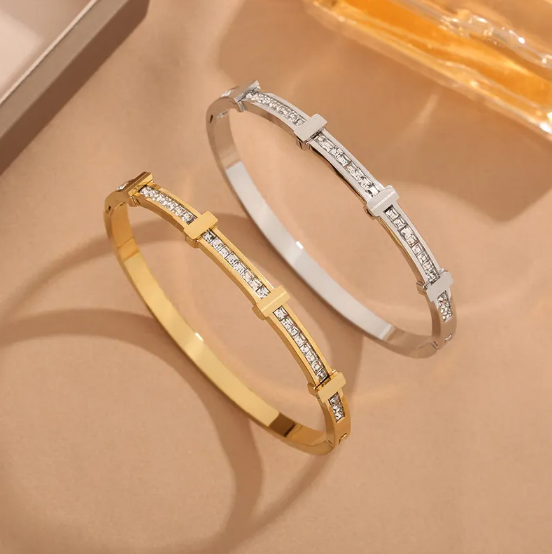 Elegant Two-Layer Geometric Open Bracelet with Zirconia