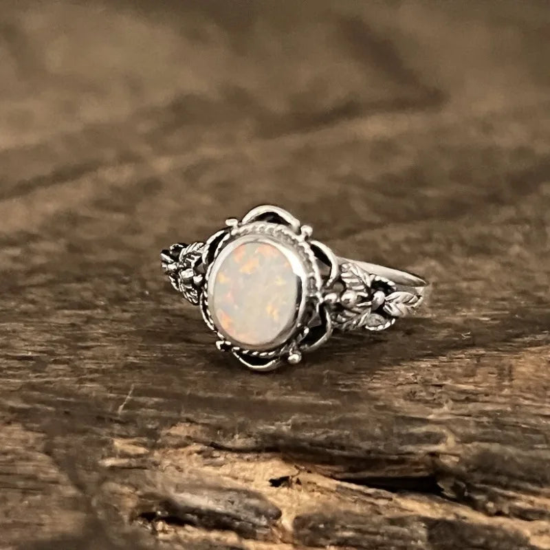 Silver and Opal Vintage Floral Ring