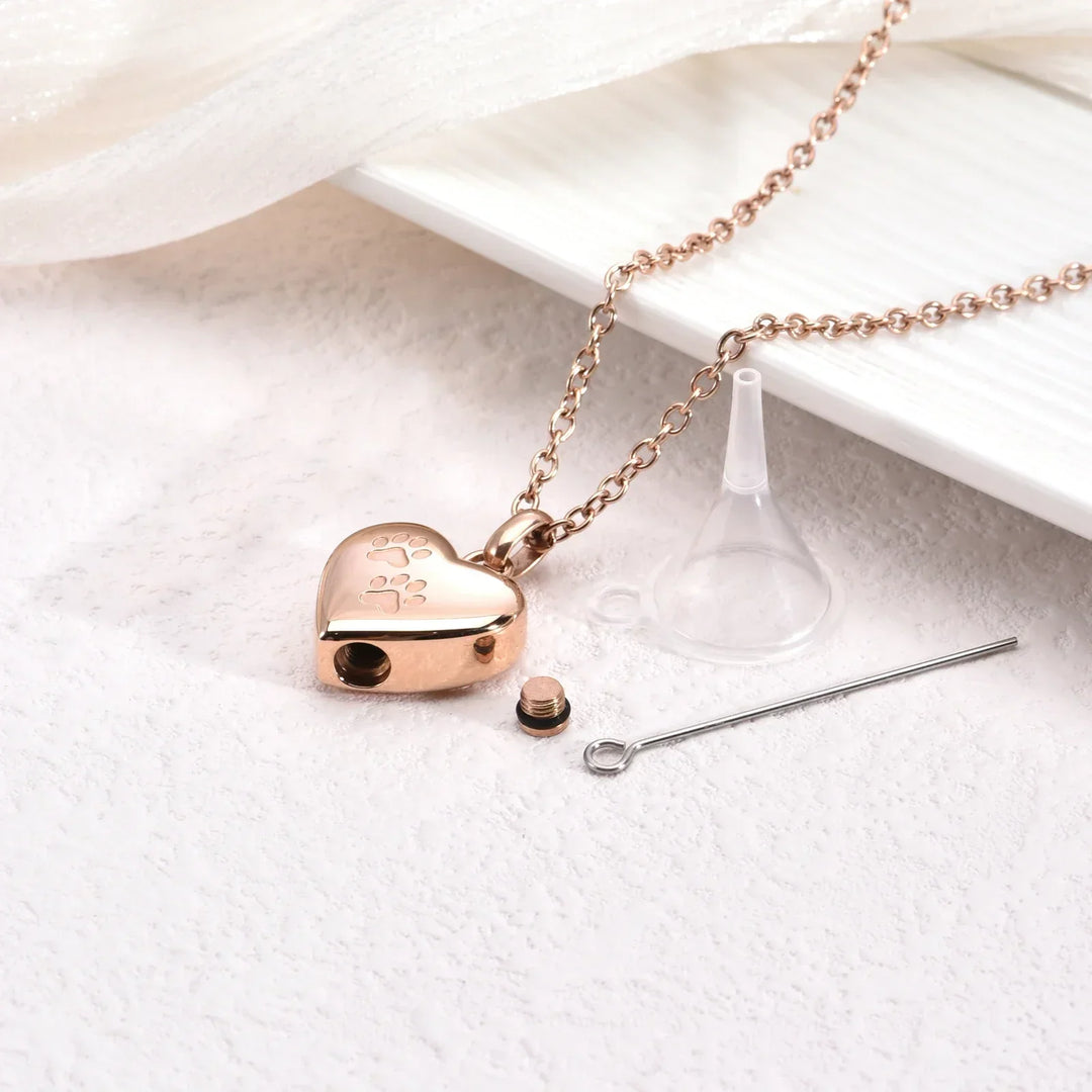 Heart-Shaped Pet Memorial Urn Necklace with Paw Engraving