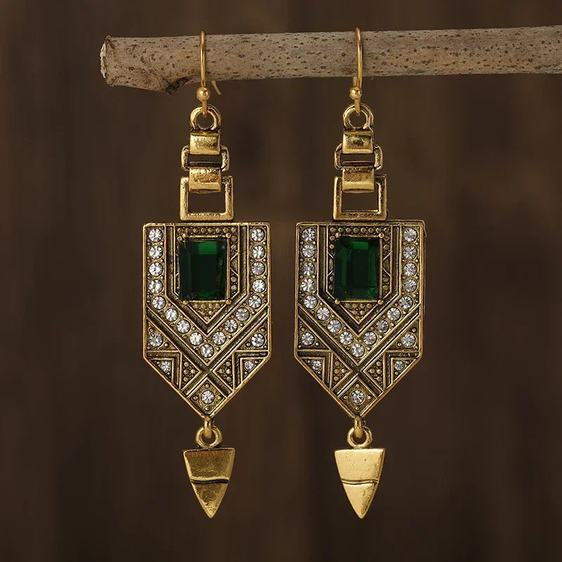 Vintage Gold and Green Geometric Earrings