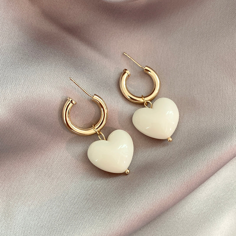 Gold White Heart Earrings