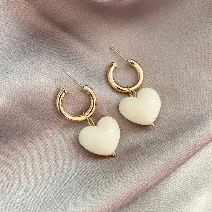 Gold White Heart Earrings