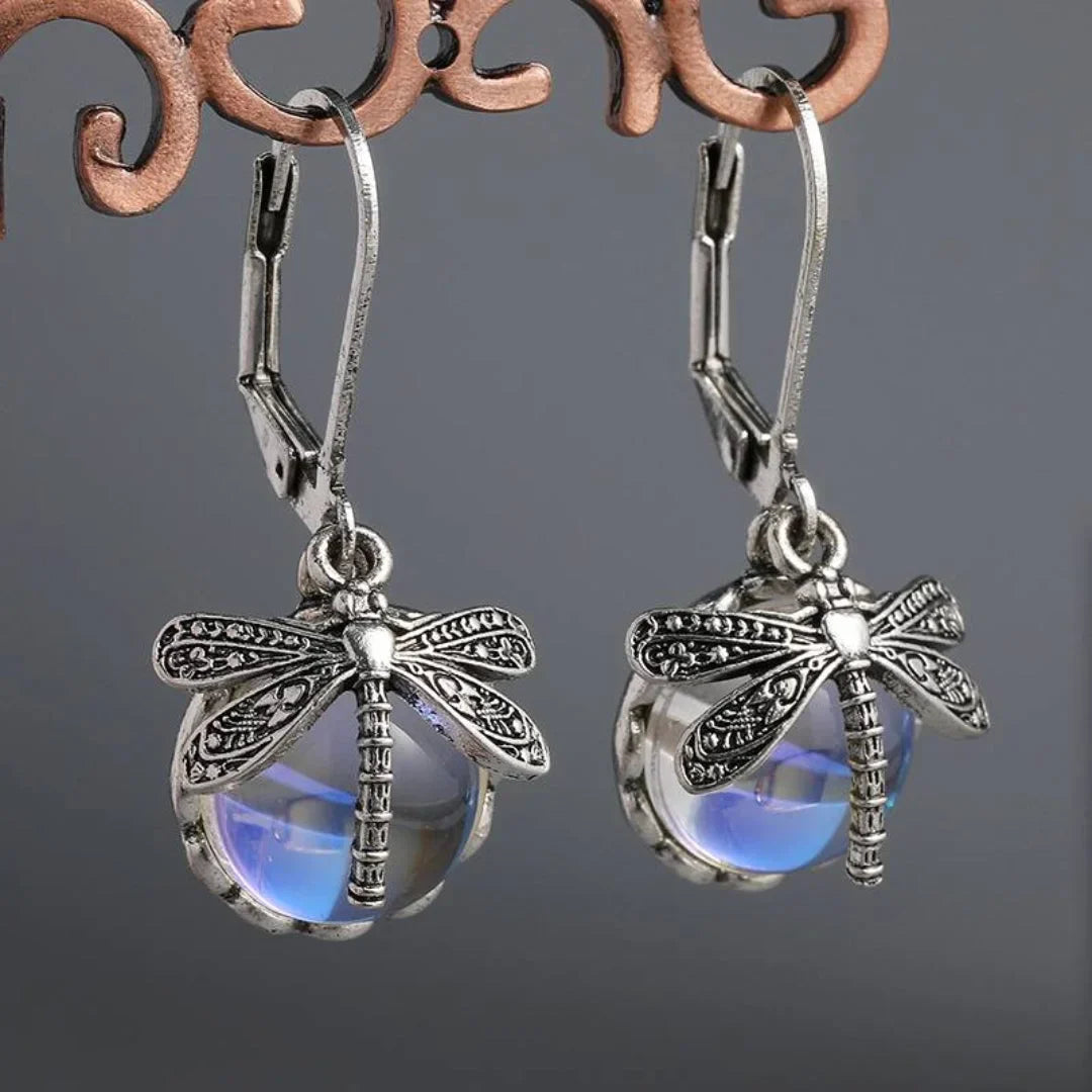 Antique Silver Dragonfly Sphere Earrings