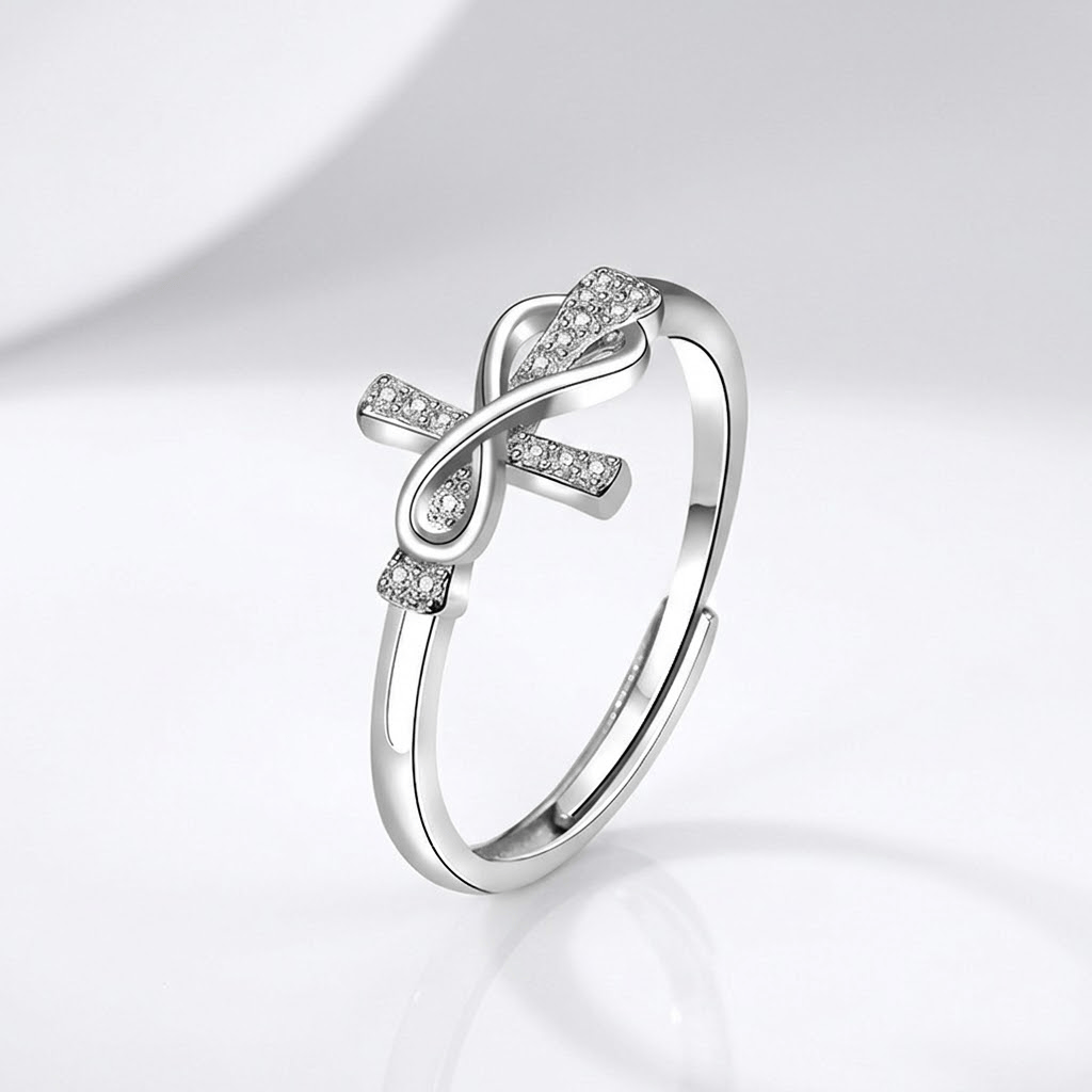 Adjustable Silver Cross and Bow Ring