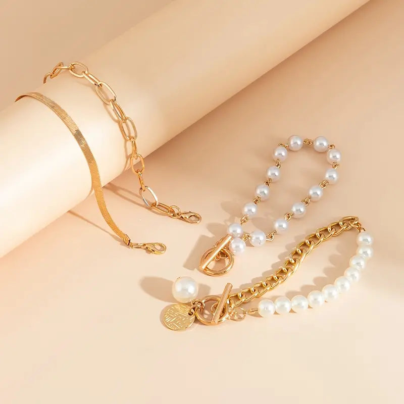 Gold Bracelet Set: 4-Piece with Snake, Pearls & Links
