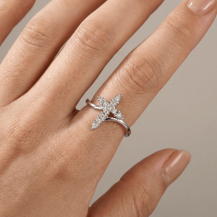 Zirconia-Studded Silver Cross Ring