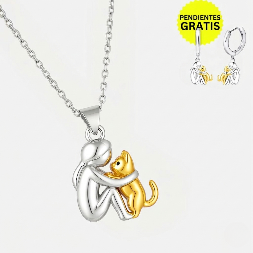 Cat Hug Pendant Necklace with Bonus Earrings – Limited Time Deal!