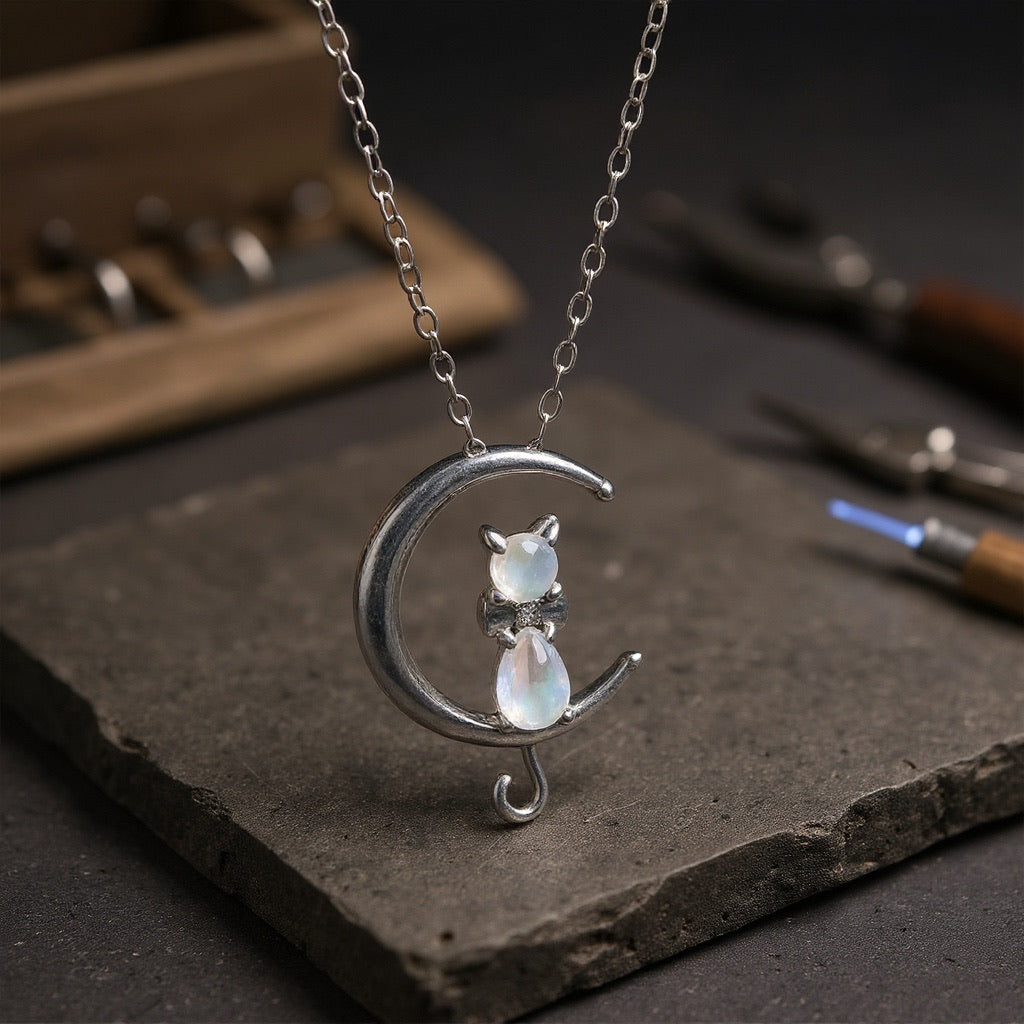 Crescent Moon Cat Necklace with Moonstone