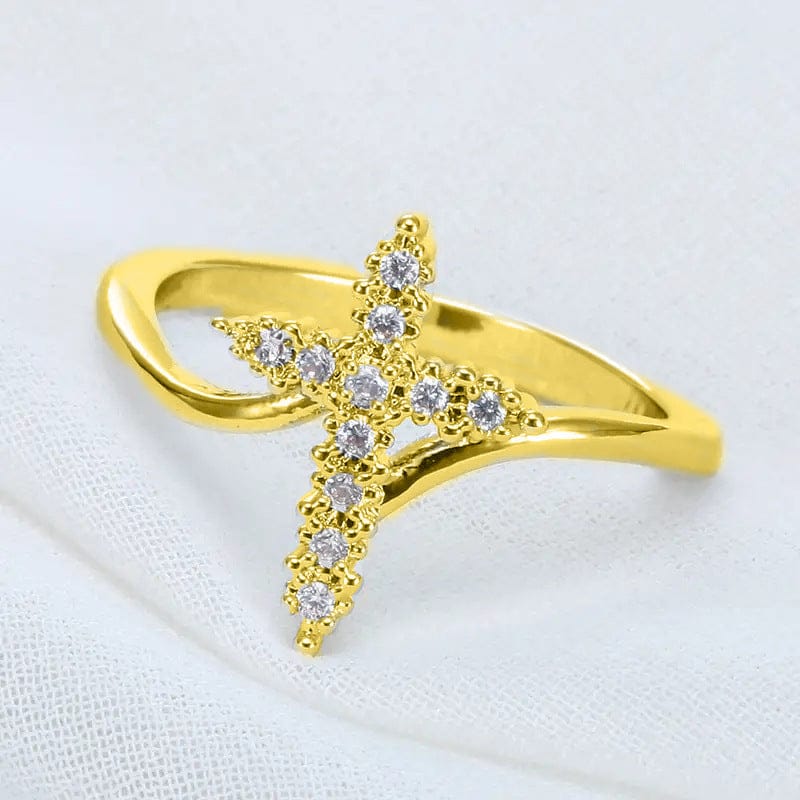 Zirconia-Studded Silver Cross Ring