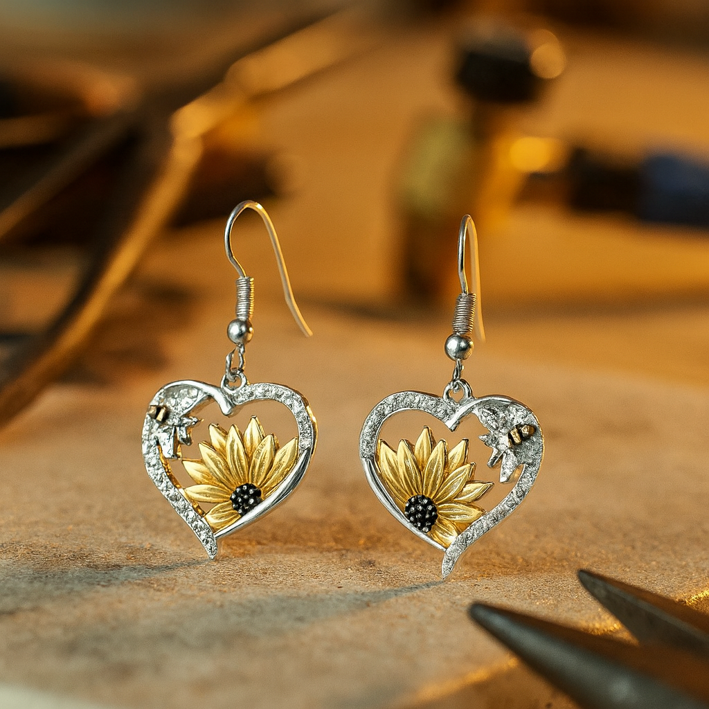 Vintage Boho Heart Dangle Earrings with Sunflower & Bee