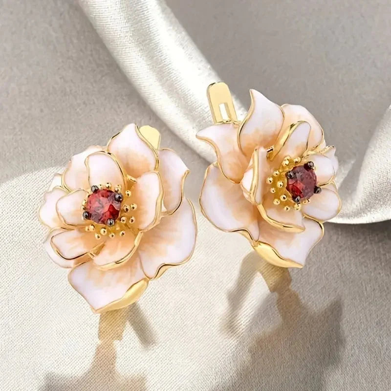 Gold Flower White Enamel Earrings