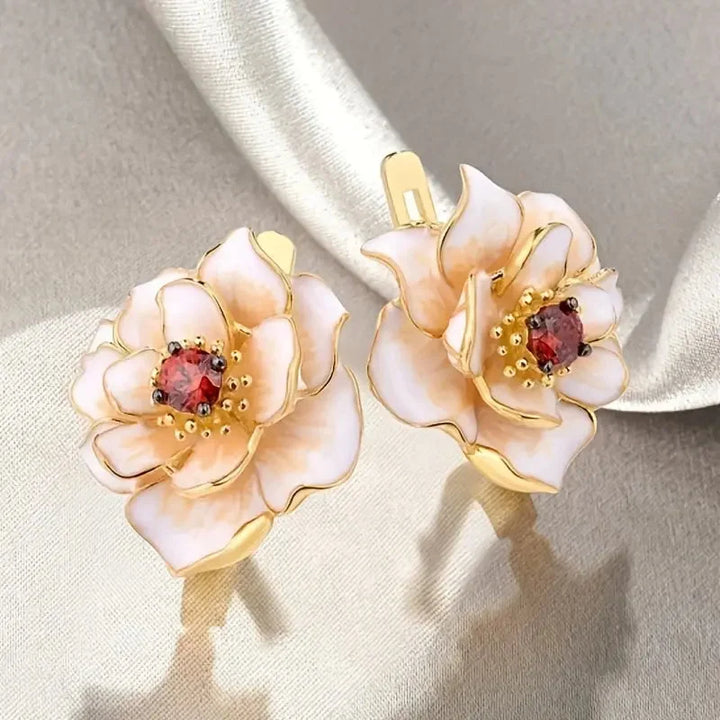 Gold Flower White Enamel Earrings